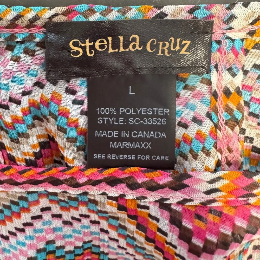 Stella Cruz Pink Multicolored Sheer Chevron Blouse‎ Kimono Flare Sleeve Cover-Up